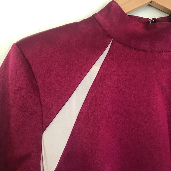 ALICE + OLIVIA Charita Satin Mesh Mock Neck Long Sleeve Gown in Bordeaux Red - Picture 5 of 7